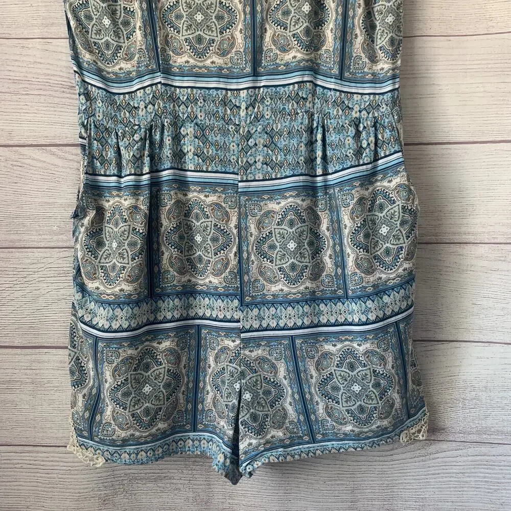 Alya Blue and Cream Paisley Medallion Romper with Crochet Lace Trim Size M